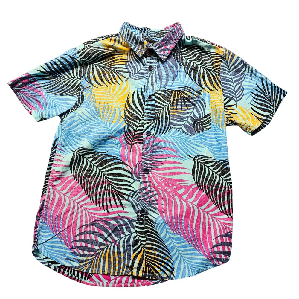 Straight Faded Shirt Boys M Multi Tropical‎ Leaf Short Sleeve Collared Button Up